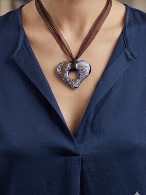 Blue Glass Bohemian Heart Pendant Necklace with Brown ribbon /bronze cord accent